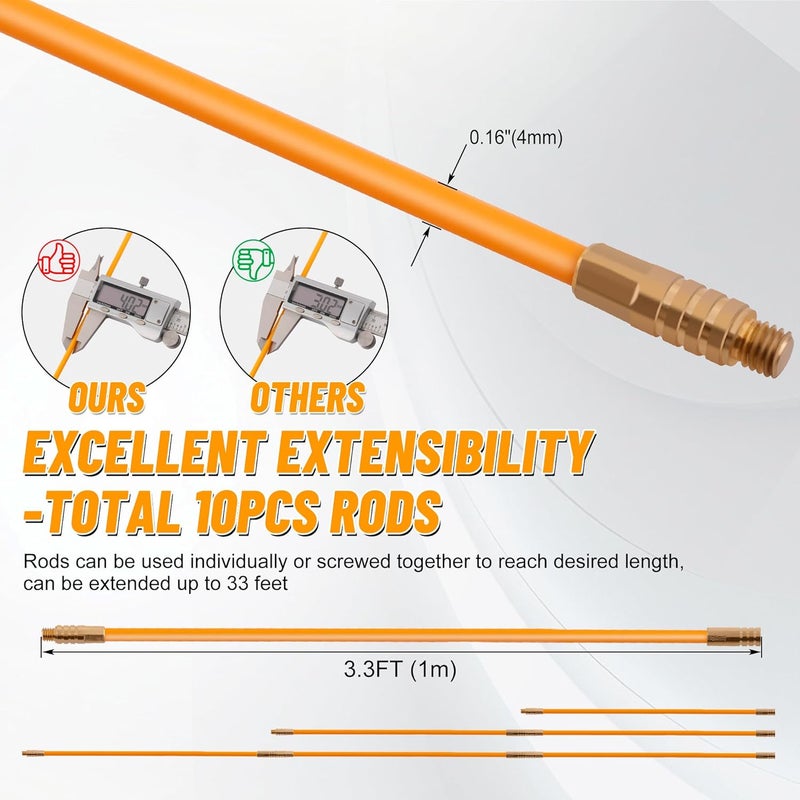 KOOTANS 33FT Fiberglass Running Electrical Wire Cable Glow Rods Wire Pulling Tools Fish Tape Wire Puller Through Wall Cable Snake Fish Rods Kit with Different Attachments - Image 4